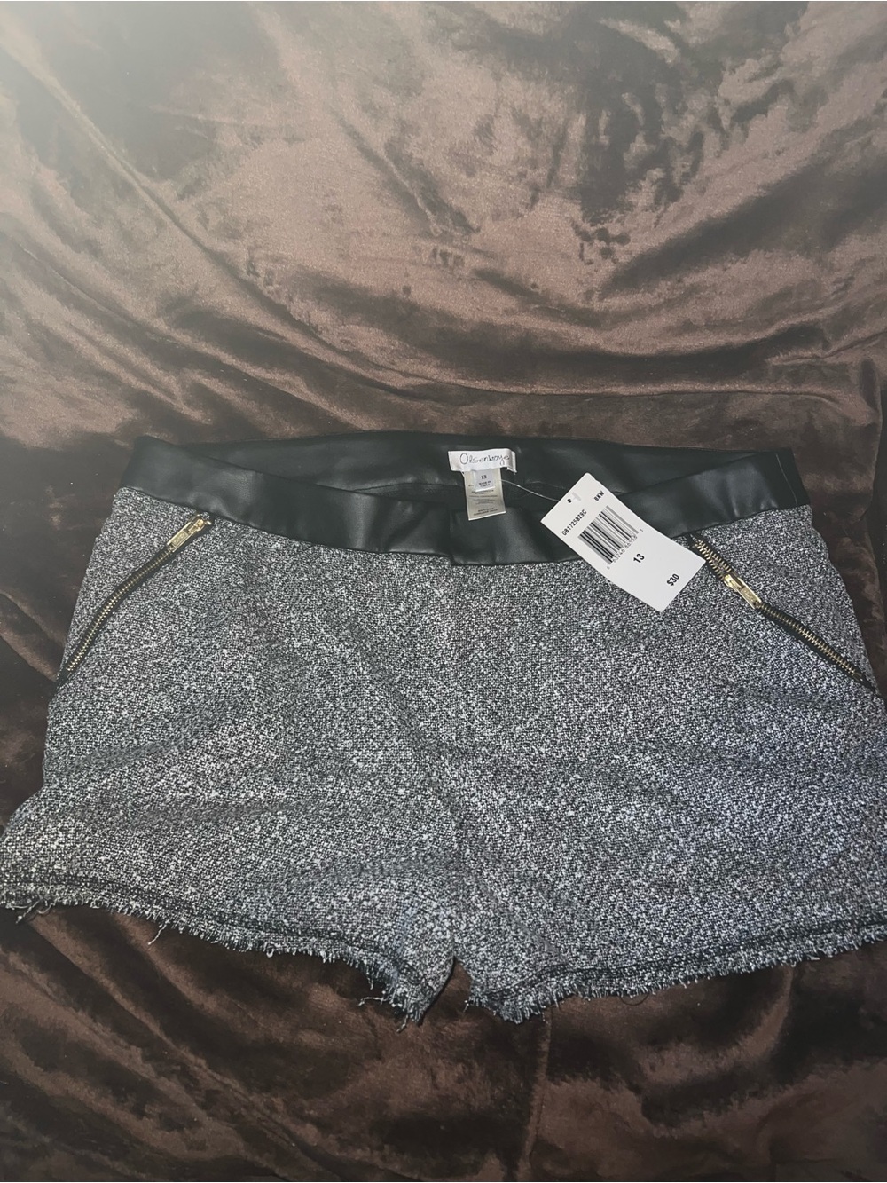 Black & White Tweed High Waist Shorts with Black Faux Leather Trim